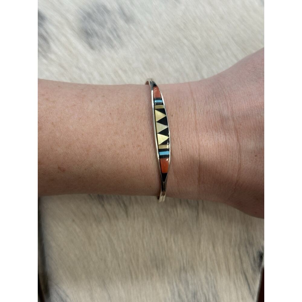 Vintage Sterling Silver Zuni Cena Inlaid Turquoise Onyx Coral Cuff Bracelet - Picture 4 of 8